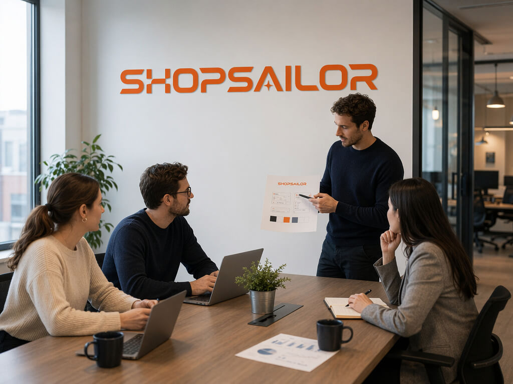 ShopSailor team working in a modern office with the ShopSailor logo on the wall
